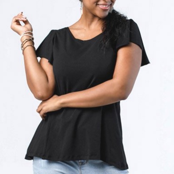 Ethically Made Scoop Neck Flutter Sleeve Tee Black - Picture 2 of 7